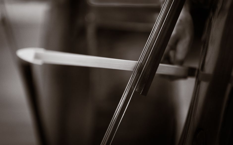 Artistic monochrome close-up of a violin bow and strings, highlighting musical detail.